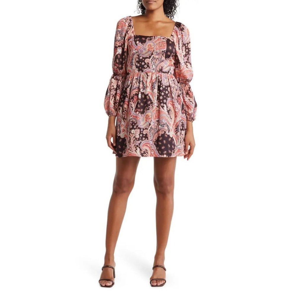 NSR NWT Floral Square Neck Mini Dress in Brown/Coral Paisley size XS